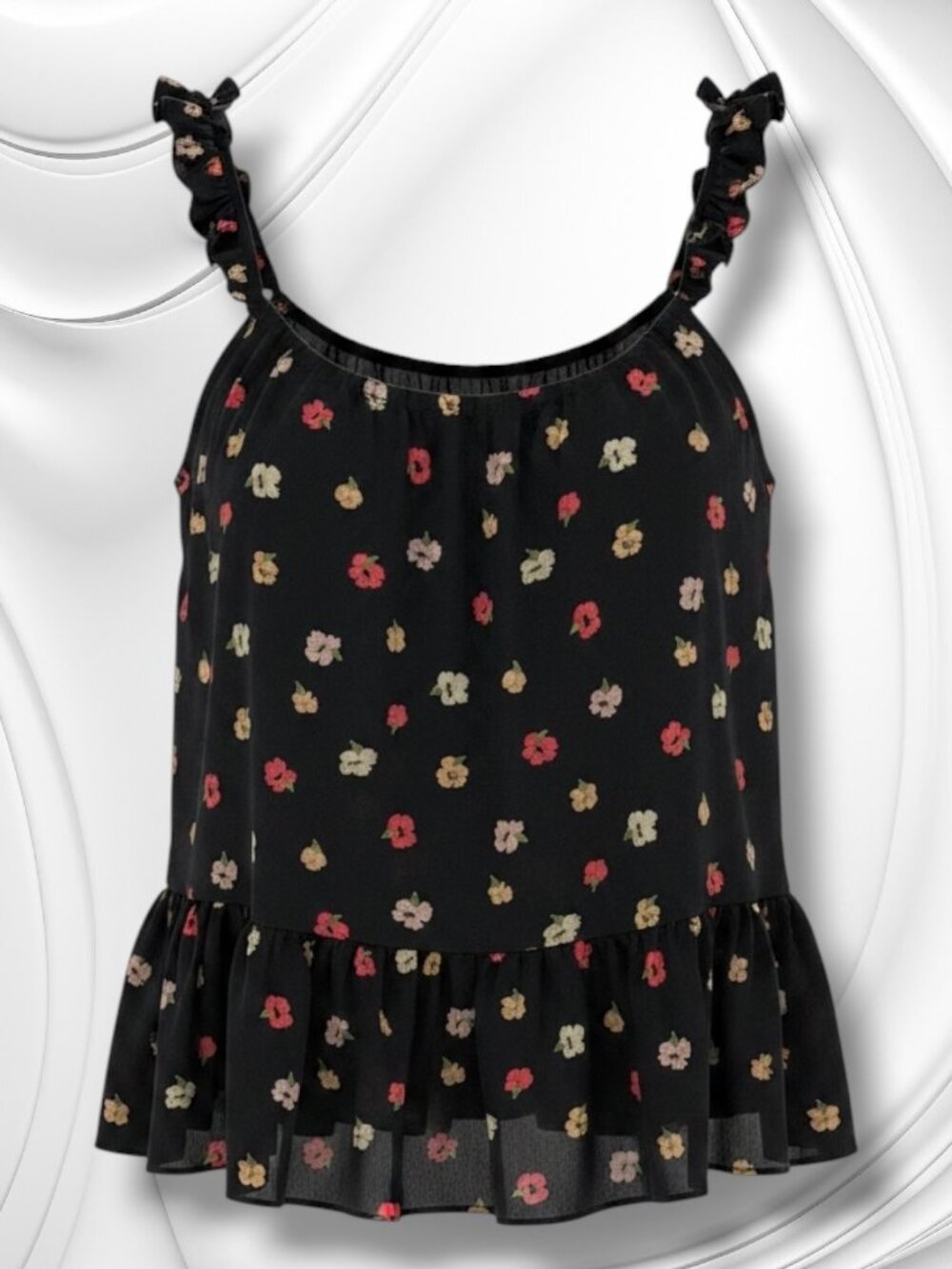 Madewell Navy Floral 100% Silk Ruffle Strap Tank Top 0